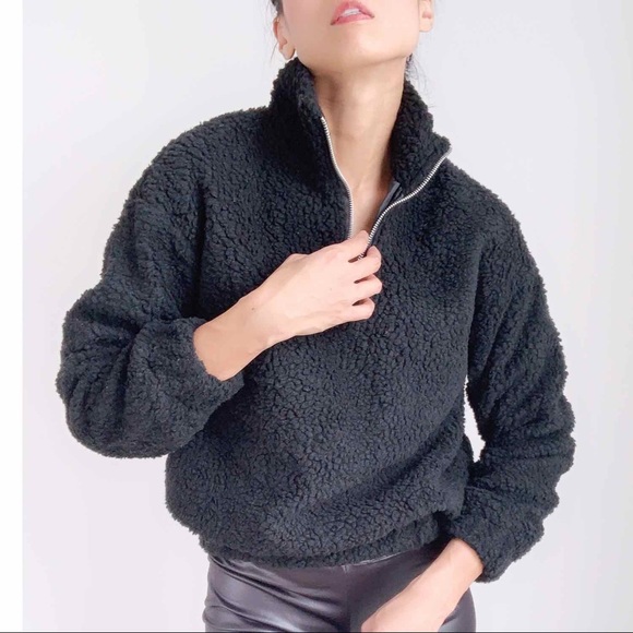 SHERPA HALF ZIP BOMBER SWEATER  - BLACK - Picture 11 of 14